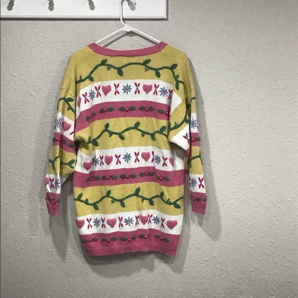 Vtg Styles To Go Deep V-Neck Chunky 3D Knit Sweater Striped Floral Heart Design - Picture 4 of 5